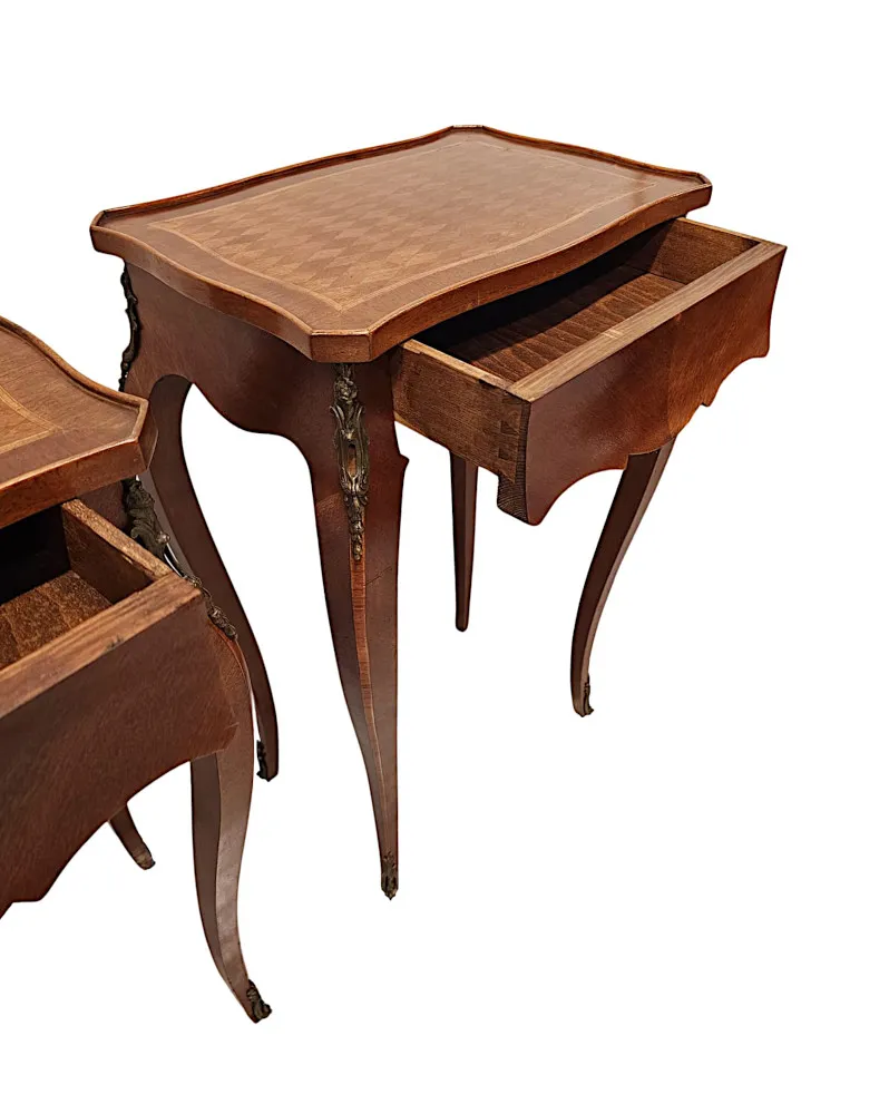 A Fabulous Pair of Early 20th Century Ormolu Mounted Side Tables with Parquetry Detail
