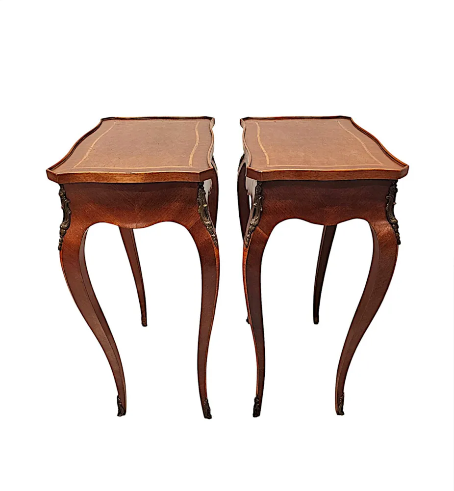 A Fabulous Pair of Early 20th Century Ormolu Mounted Side Tables with Parquetry Detail