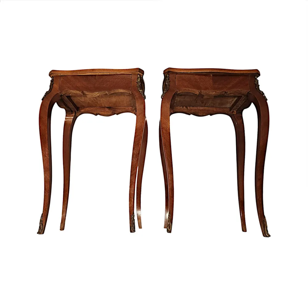 A Fabulous Pair of Early 20th Century Ormolu Mounted Side Tables with Parquetry Detail