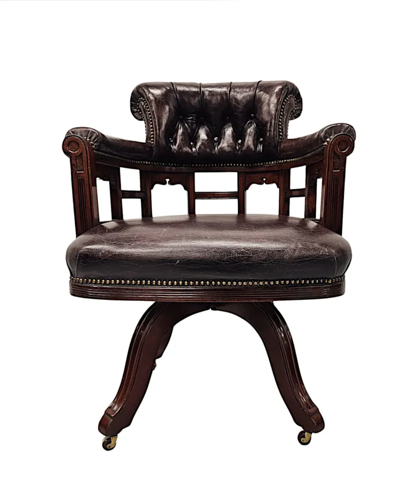 A Very Fine 19th Century Mahogany and Button Back Leather Revolving Office or Desk Chair