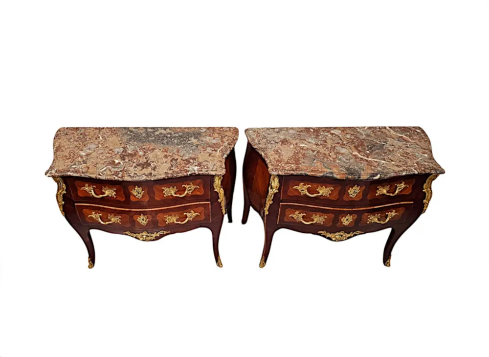  A Very Rare Pair of 19th Century Marble Top Bombe Shaped Chests or Commodes