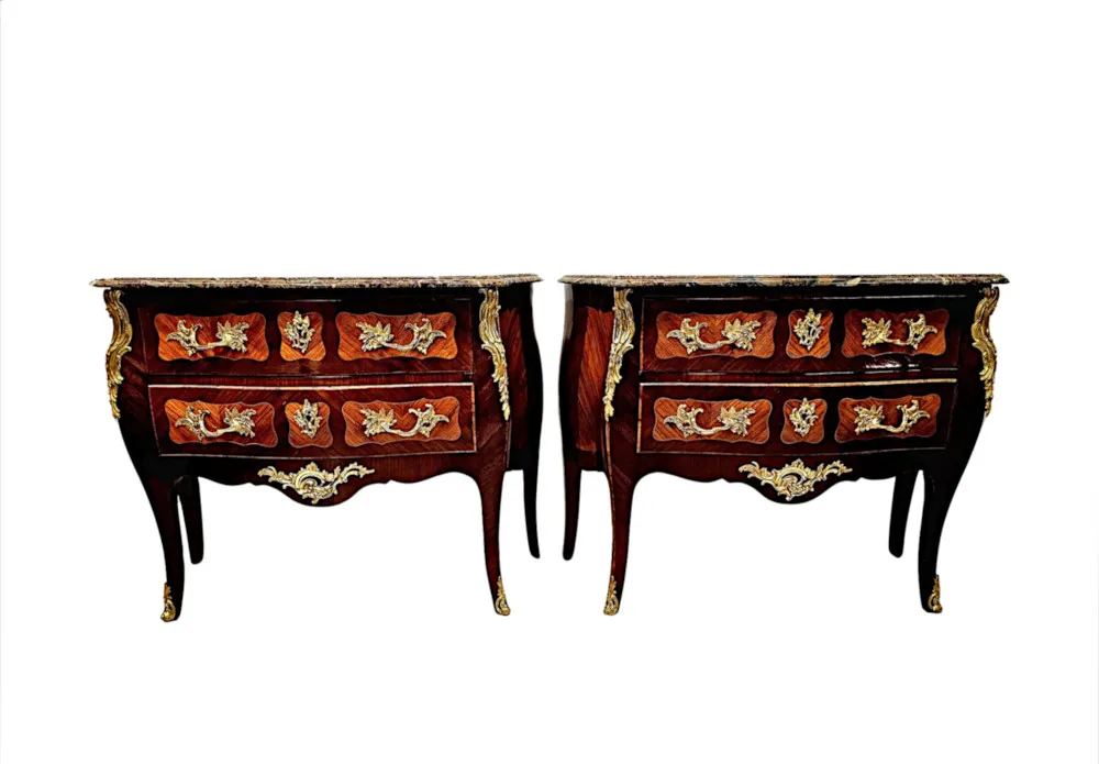  A Very Rare Pair of 19th Century Marble Top Bombe Shaped Chests or Commodes