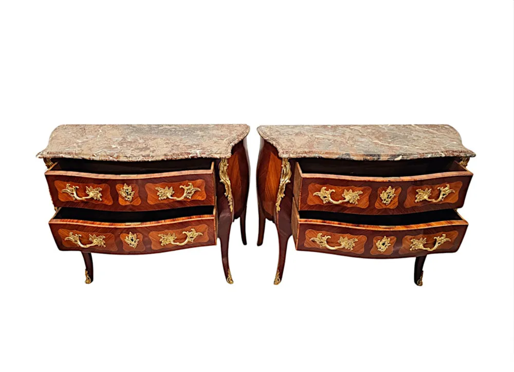  A Very Rare Pair of 19th Century Marble Top Bombe Shaped Chests or Commodes