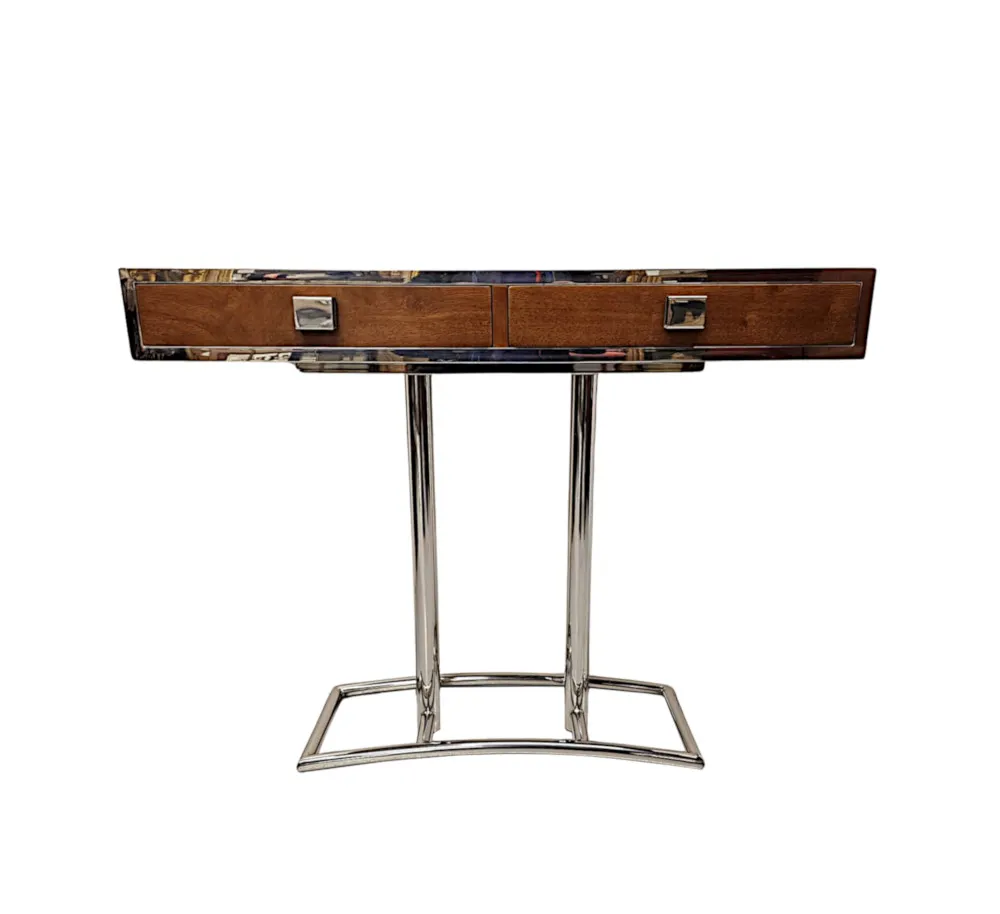 A Fabulous Hand Made Art Deco Design Walnut and Chrome Console Table