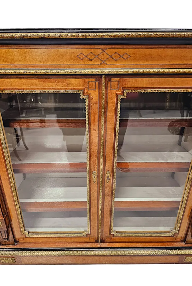 A Very Fine 19th Century Inlaid Fiddle Back Mahogany and Burl Amboyna Topped Credenza with Ormolu Mounts