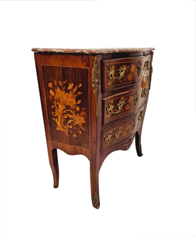  A Stunning Late 19th Century Marquetry Inlaid Marble Top Chest of Drawers