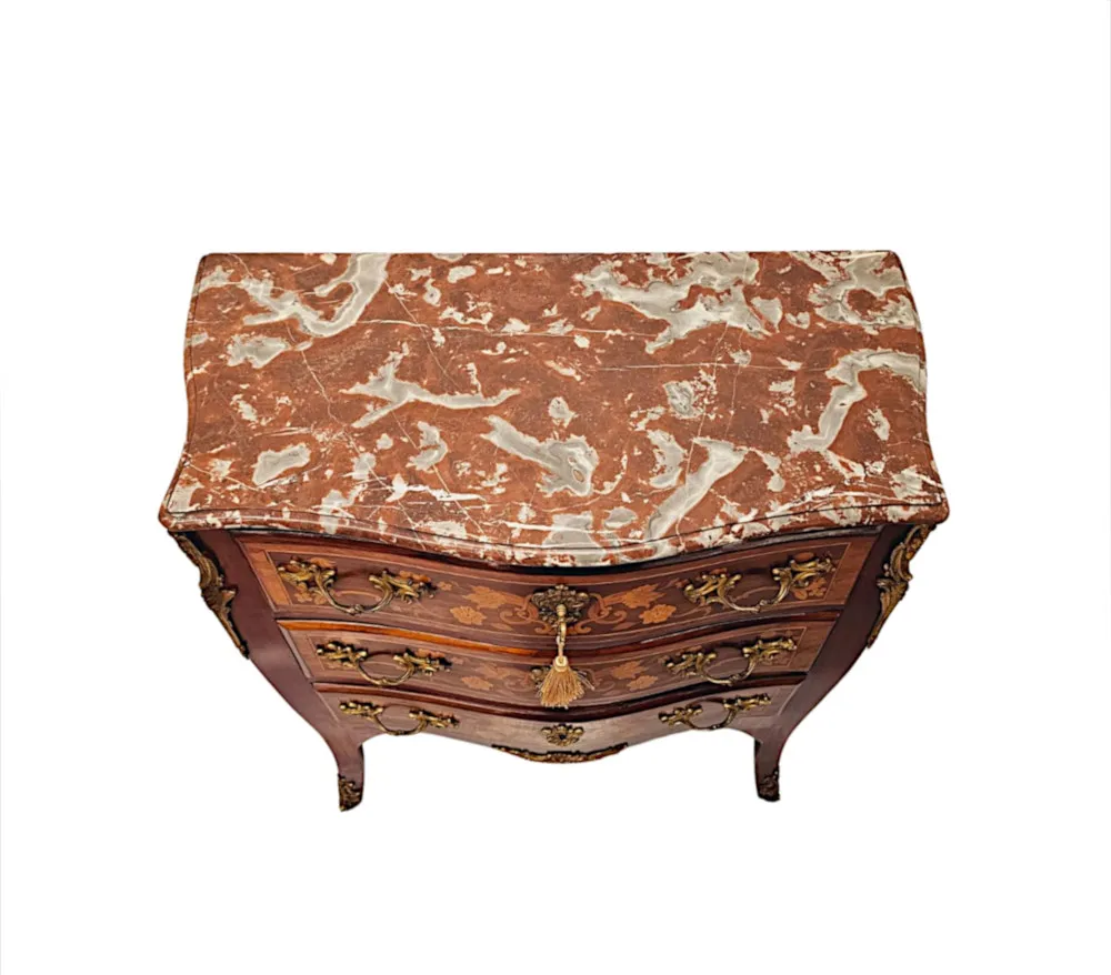  A Stunning Late 19th Century Marquetry Inlaid Marble Top Chest of Drawers