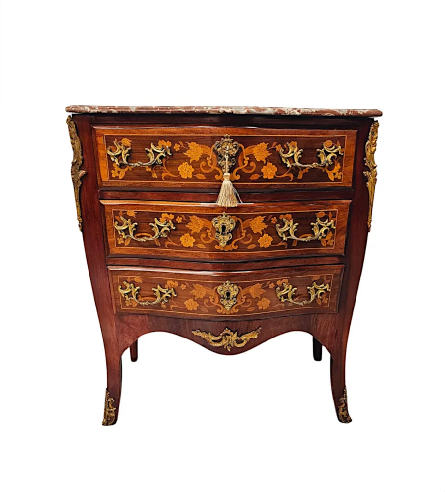  A Stunning Late 19th Century Marquetry Inlaid Marble Top Chest of Drawers