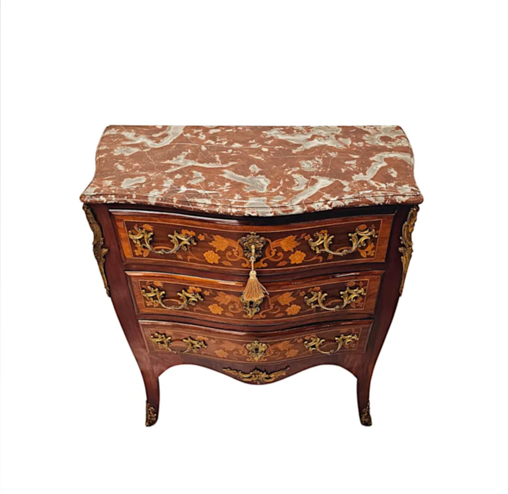  A Stunning Late 19th Century Marquetry Inlaid Marble Top Chest of Drawers