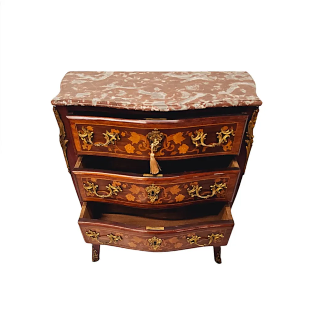  A Stunning Late 19th Century Marquetry Inlaid Marble Top Chest of Drawers