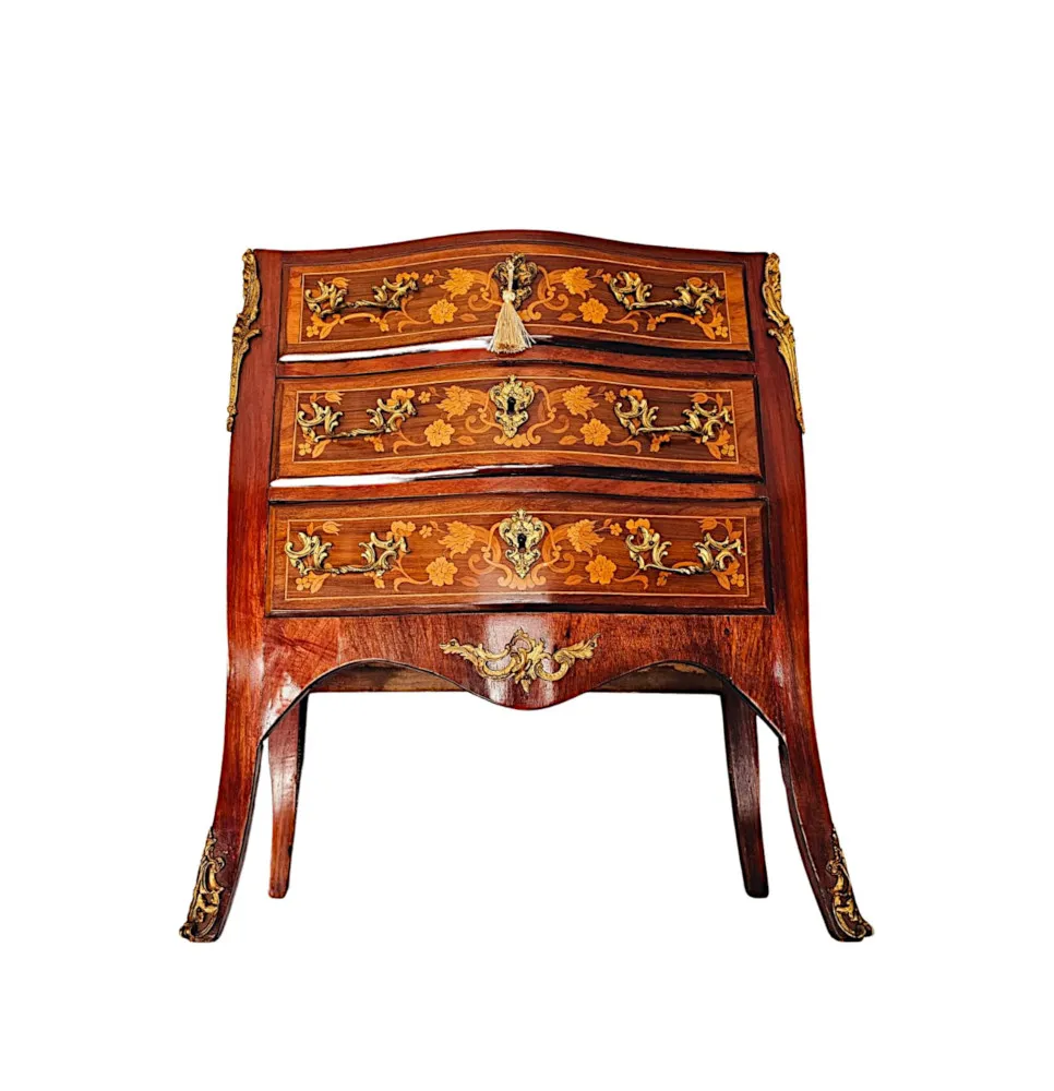  A Stunning Late 19th Century Marquetry Inlaid Marble Top Chest of Drawers
