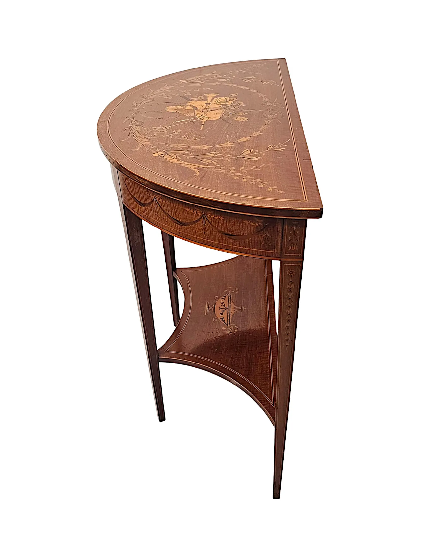 A Very Rare Edwardian Marquetry Inlaid Demilune Hall or Console Table attributed to London Maker 'Edward and Roberts'