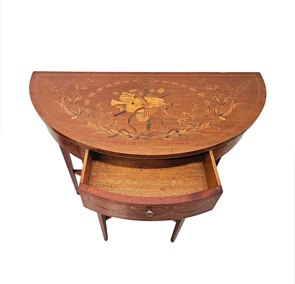 A Very Rare Edwardian Marquetry Inlaid Demilune Hall or Console Table attributed to London Maker 'Edward and Roberts'