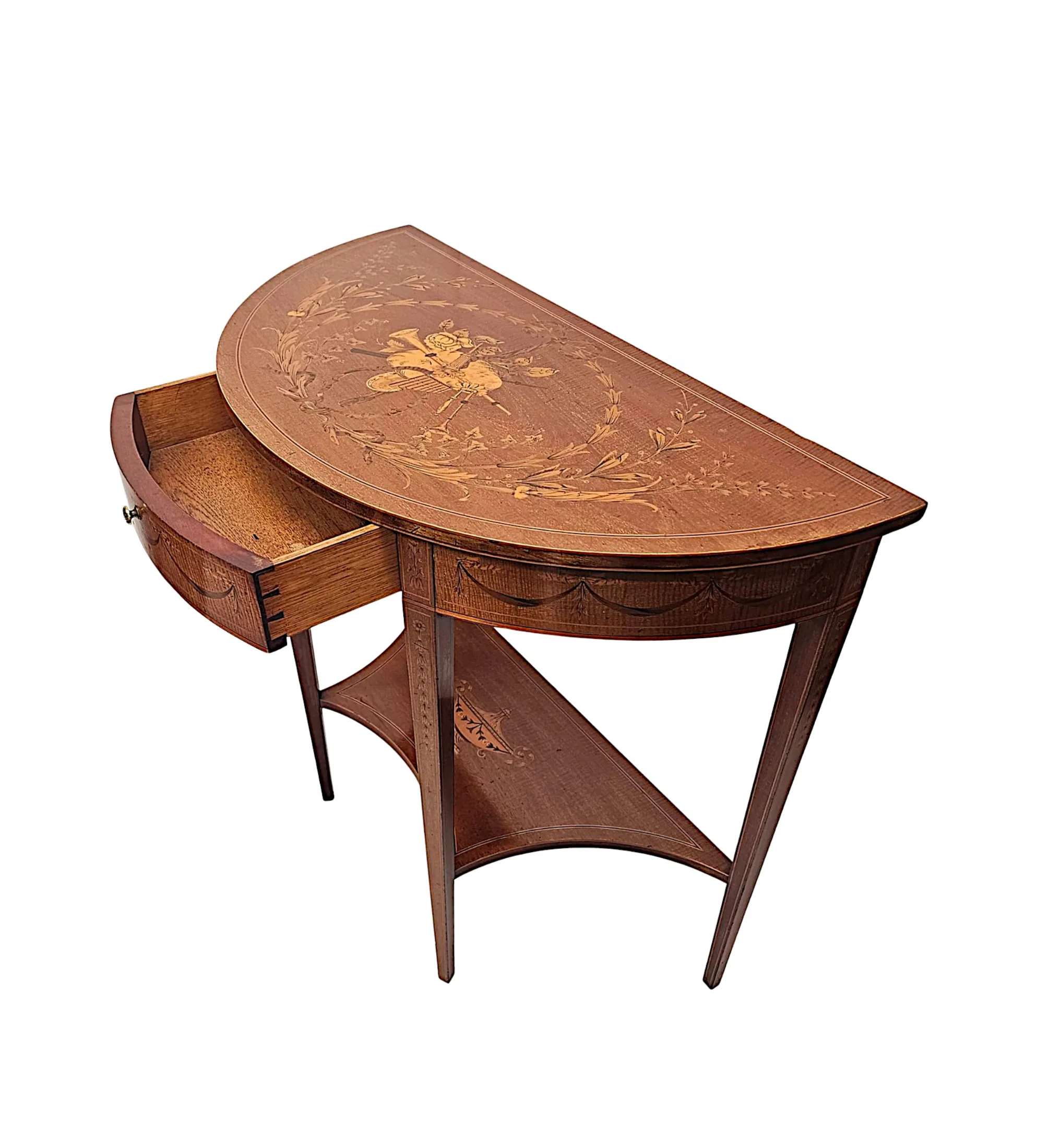 A Very Rare Edwardian Marquetry Inlaid Demilune Hall or Console Table attributed to London Maker 'Edward and Roberts'