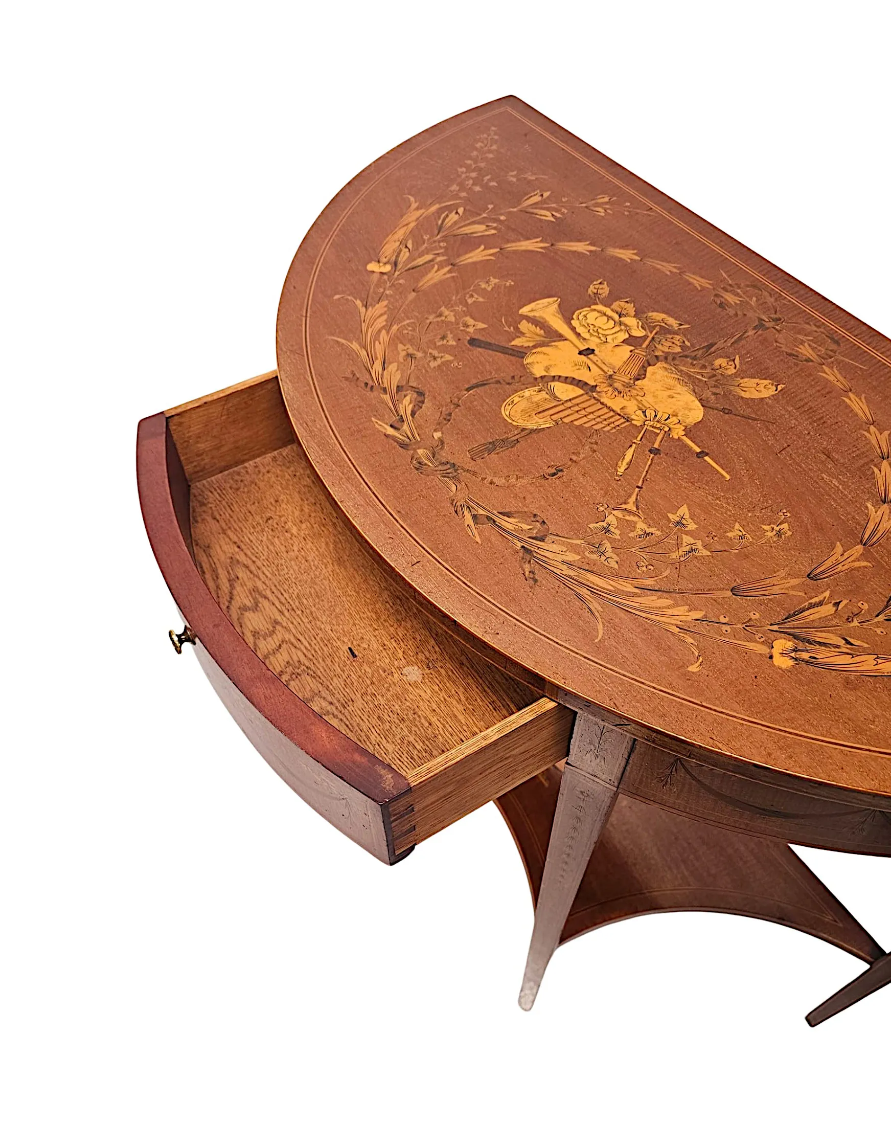 A Very Rare Edwardian Marquetry Inlaid Demilune Hall or Console Table attributed to London Maker 'Edward and Roberts'