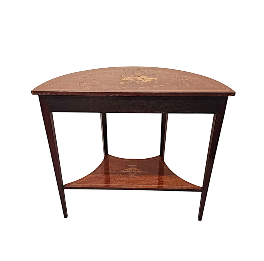 A Very Rare Edwardian Marquetry Inlaid Demilune Hall or Console Table attributed to London Maker 'Edward and Roberts'