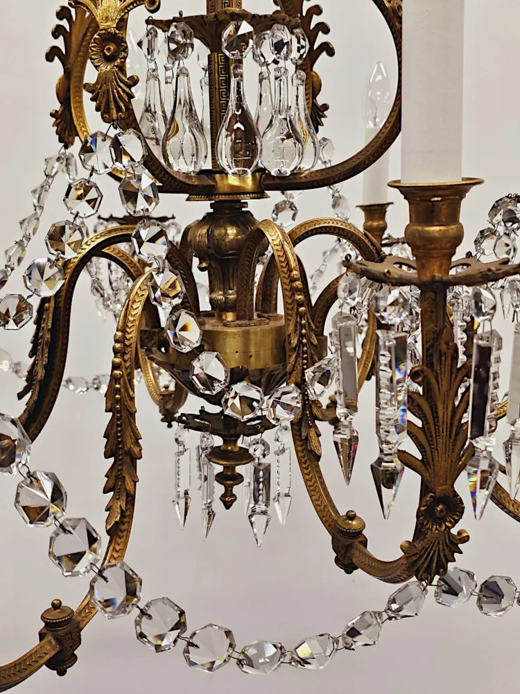 A Very Rare Large 19th Century French Gilt Bronze and Crystal Eight Branch Rewired Gasolier