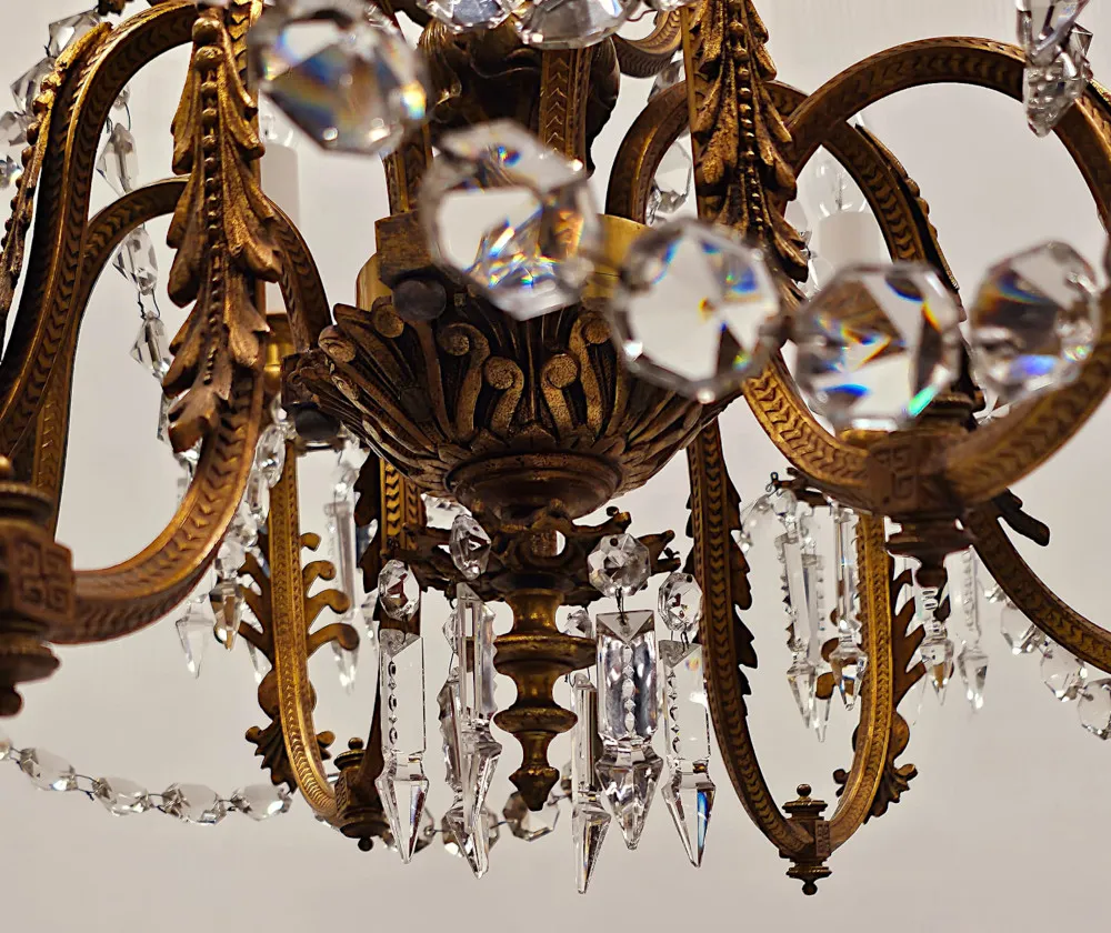 A Very Rare Large 19th Century French Gilt Bronze and Crystal Eight Branch Rewired Gasolier
