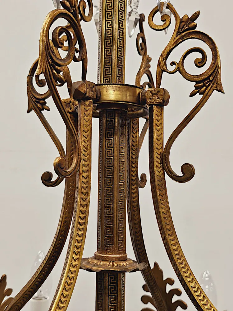 A Very Rare Large 19th Century French Gilt Bronze and Crystal Eight Branch Rewired Gasolier