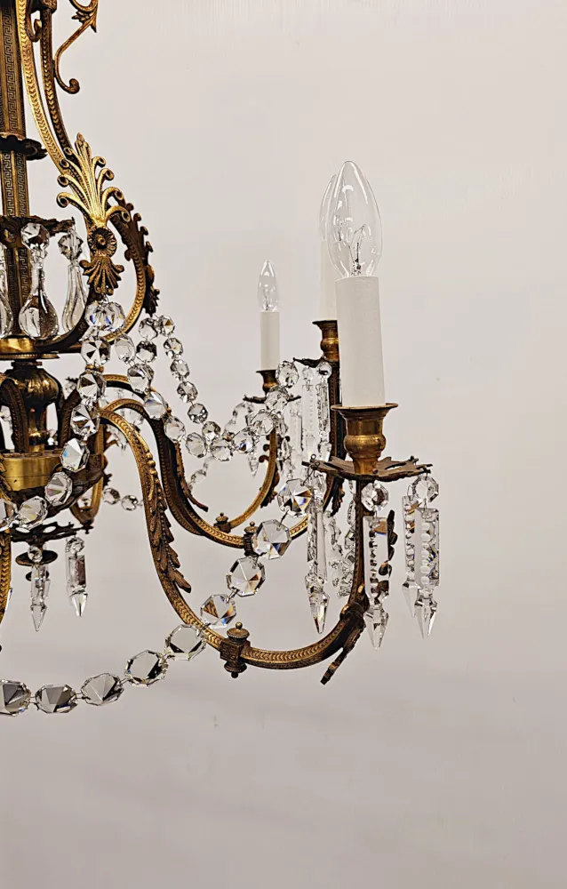A Very Rare Large 19th Century French Gilt Bronze and Crystal Eight Branch Rewired Gasolier