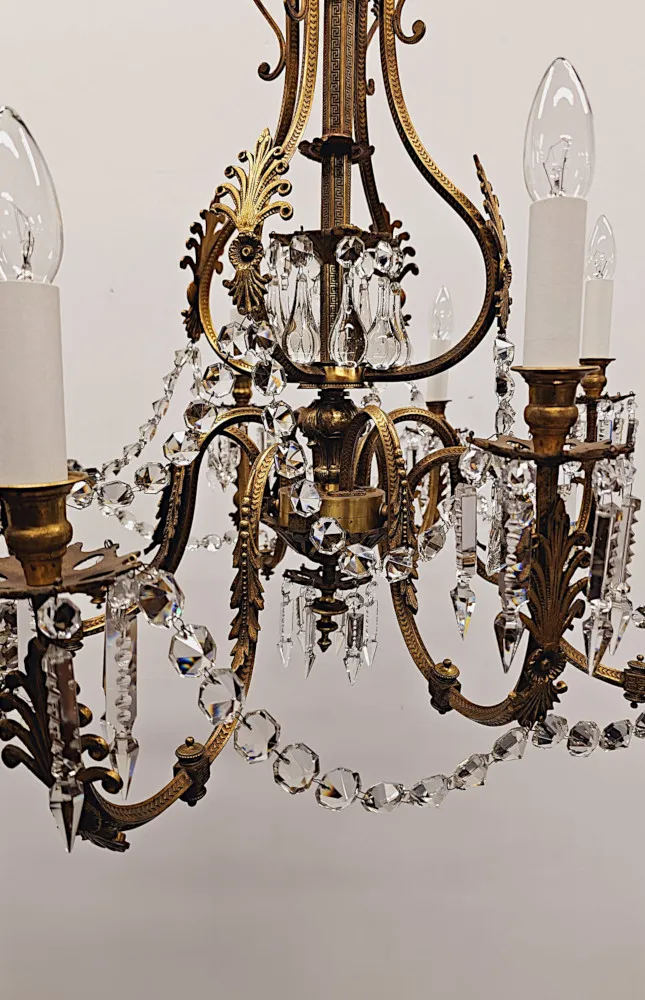 A Very Rare Large 19th Century French Gilt Bronze and Crystal Eight Branch Rewired Gasolier