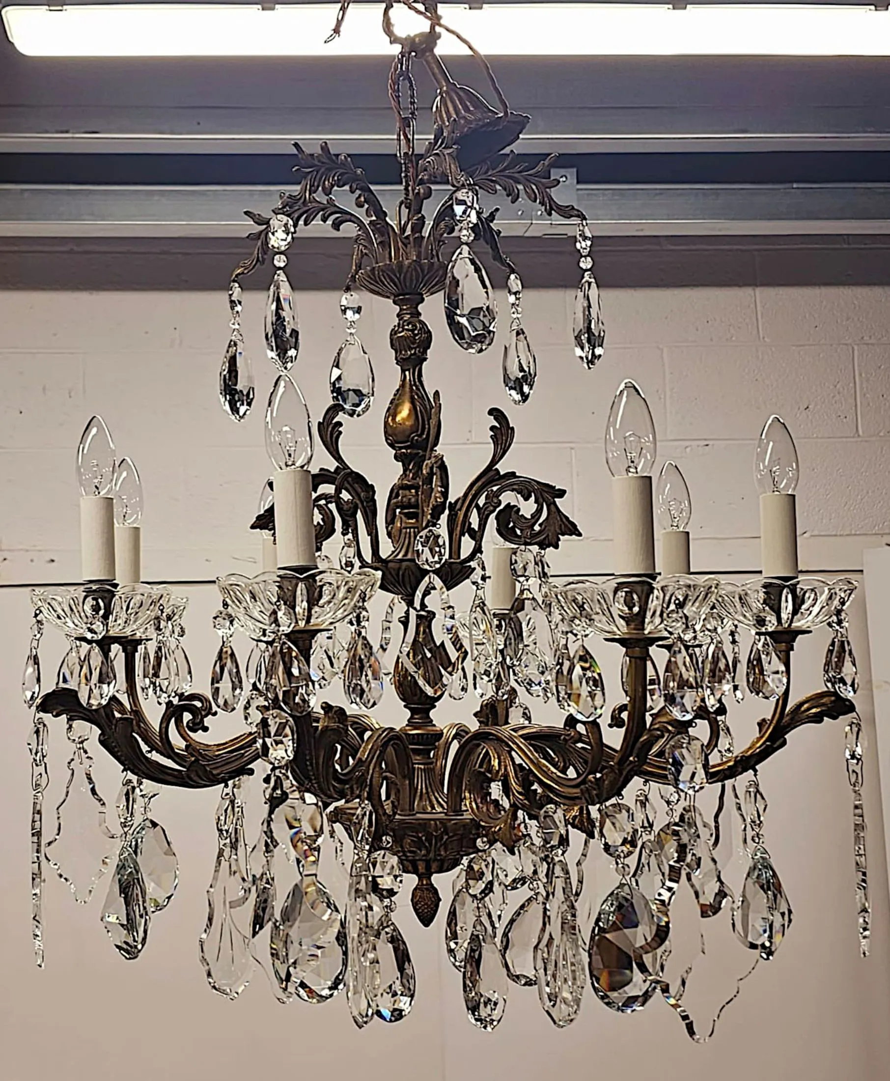 A Stunning Early 20th Century Italian Gilt Bronze and Crystal Eight Branch Rewired Chandelier