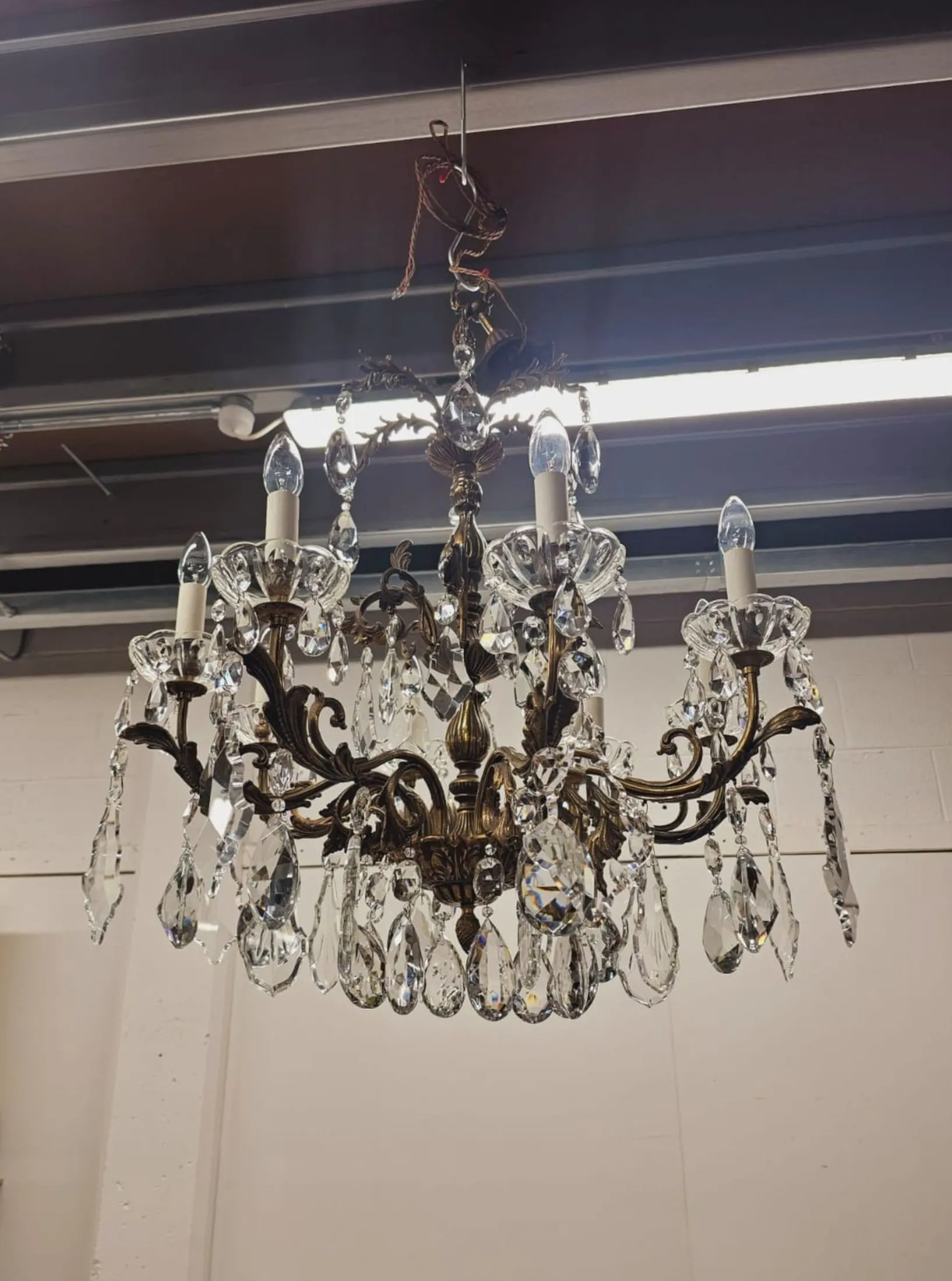 A Stunning Early 20th Century Italian Gilt Bronze and Crystal Eight Branch Rewired Chandelier