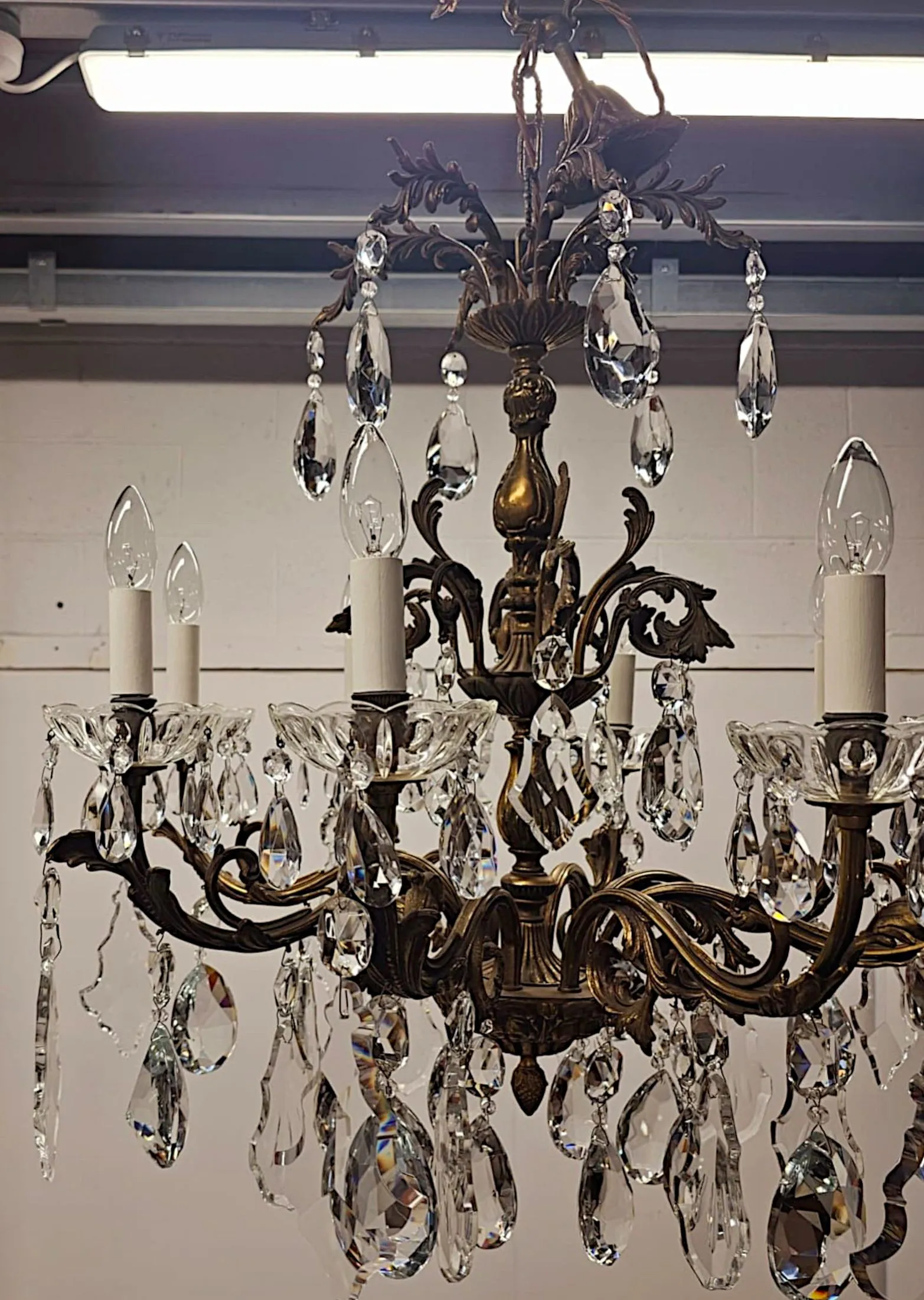 A Stunning Early 20th Century Italian Gilt Bronze and Crystal Eight Branch Rewired Chandelier