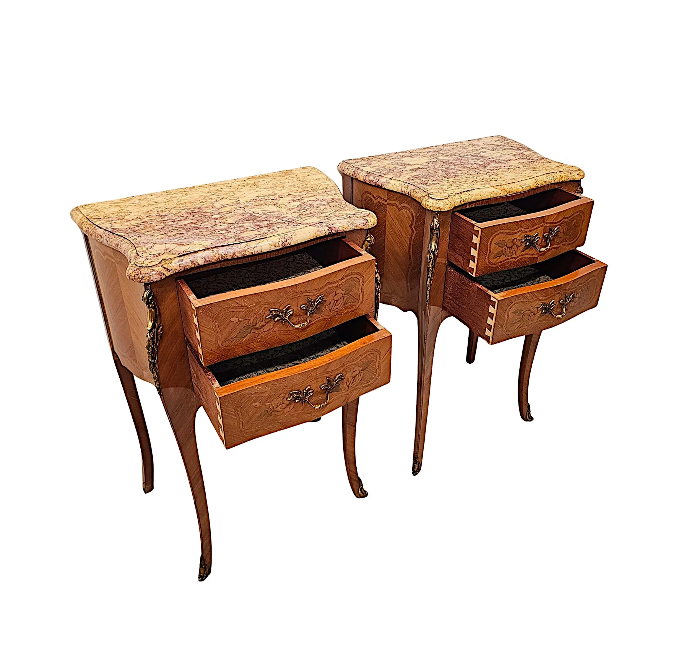  A Fabulous Pair of 20th Century Marquetry Inlaid Marble Top Bedside Chests