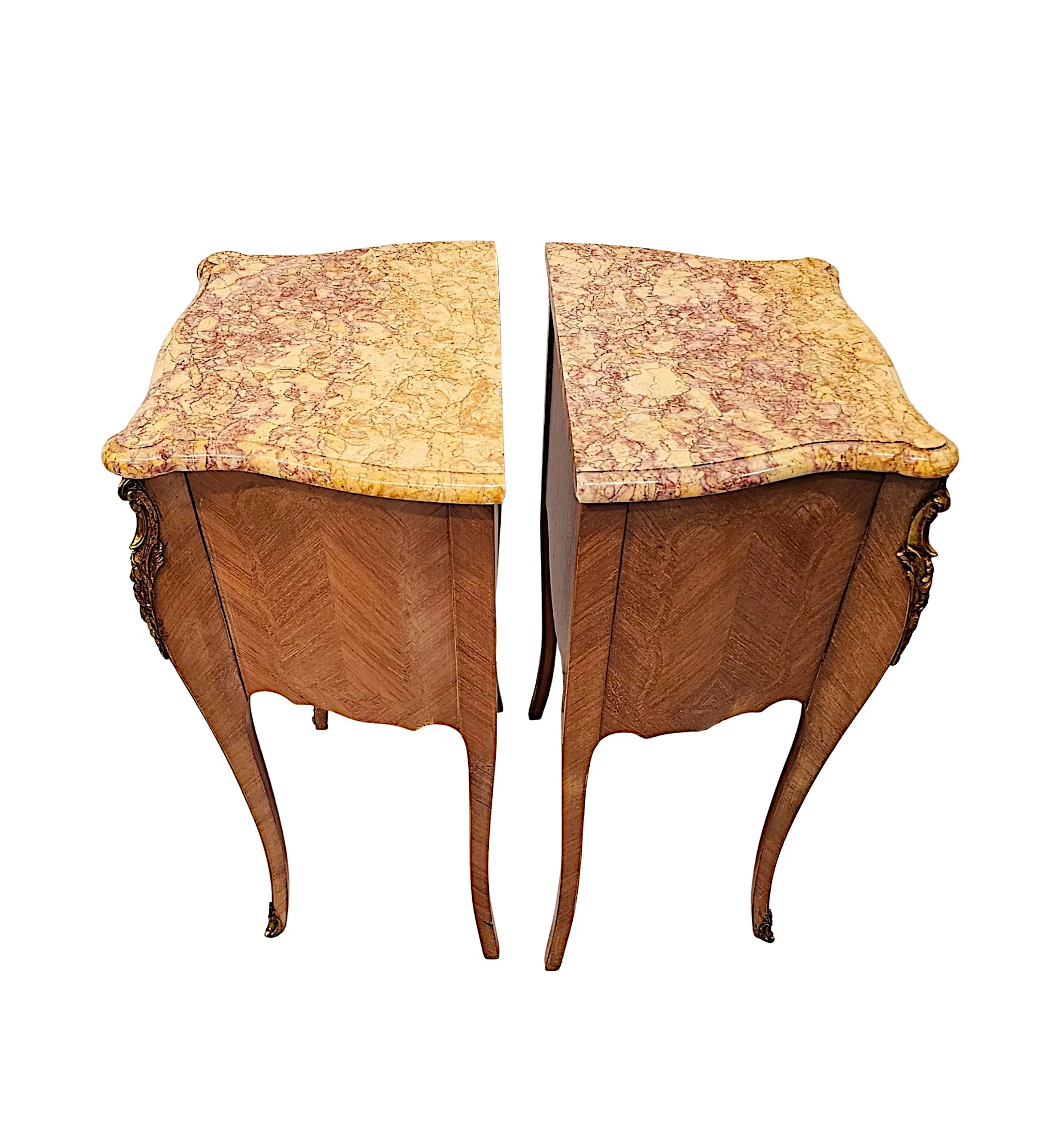  A Fabulous Pair of 20th Century Marquetry Inlaid Marble Top Bedside Chests