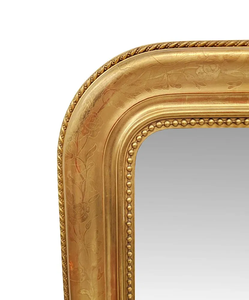  A Lovely 19th Century Large Size Giltwood Overmantel Mirror With Floral Embossed Detail