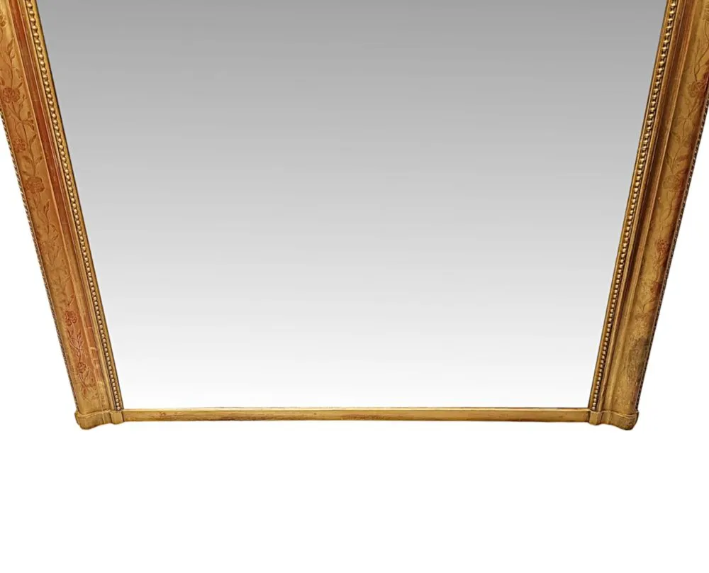  A Lovely 19th Century Large Size Giltwood Overmantel Mirror With Floral Embossed Detail