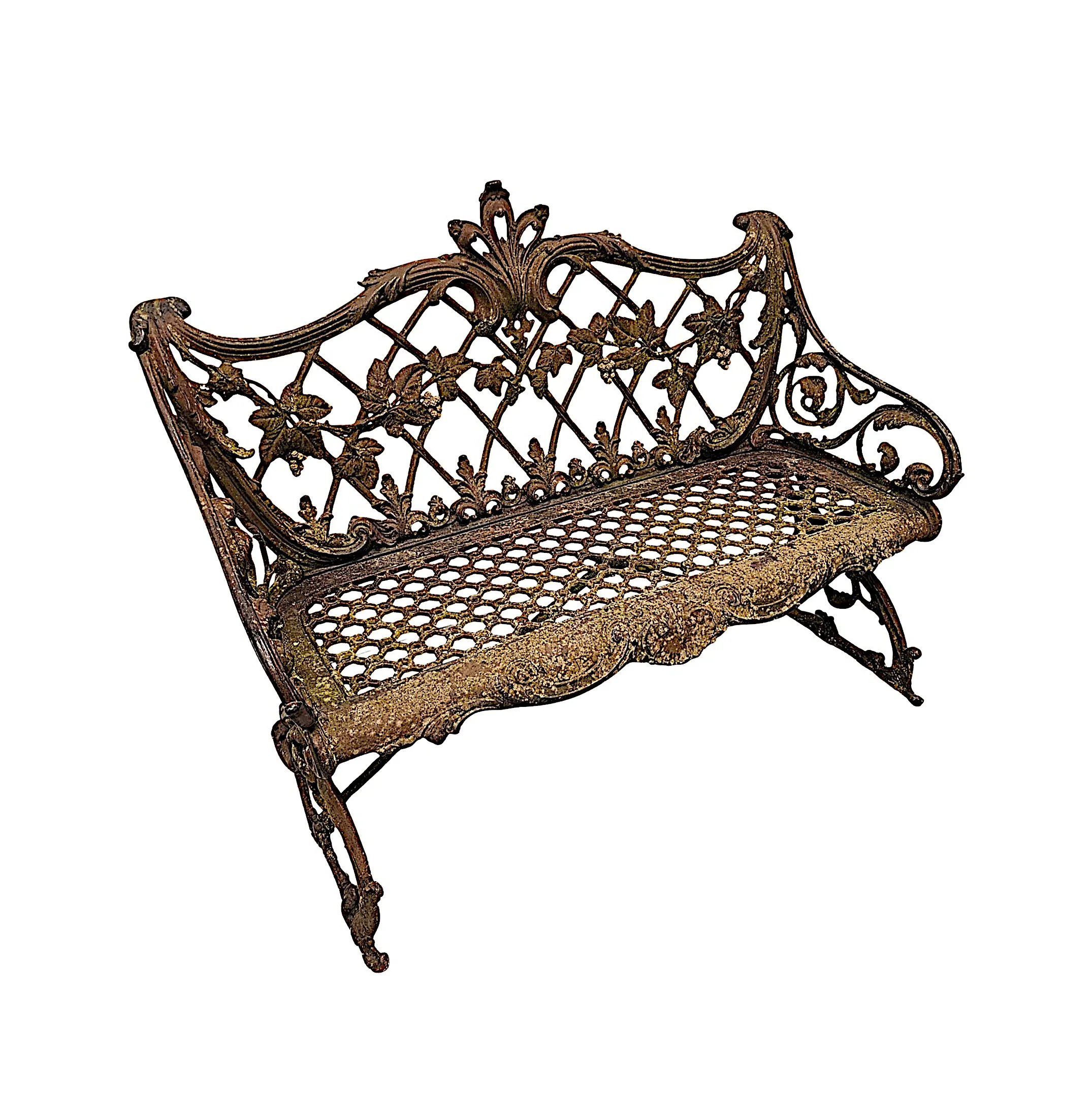  A Very Rare 19th Century Cast Iron Two Seater Bench with Grape and Vine Detail