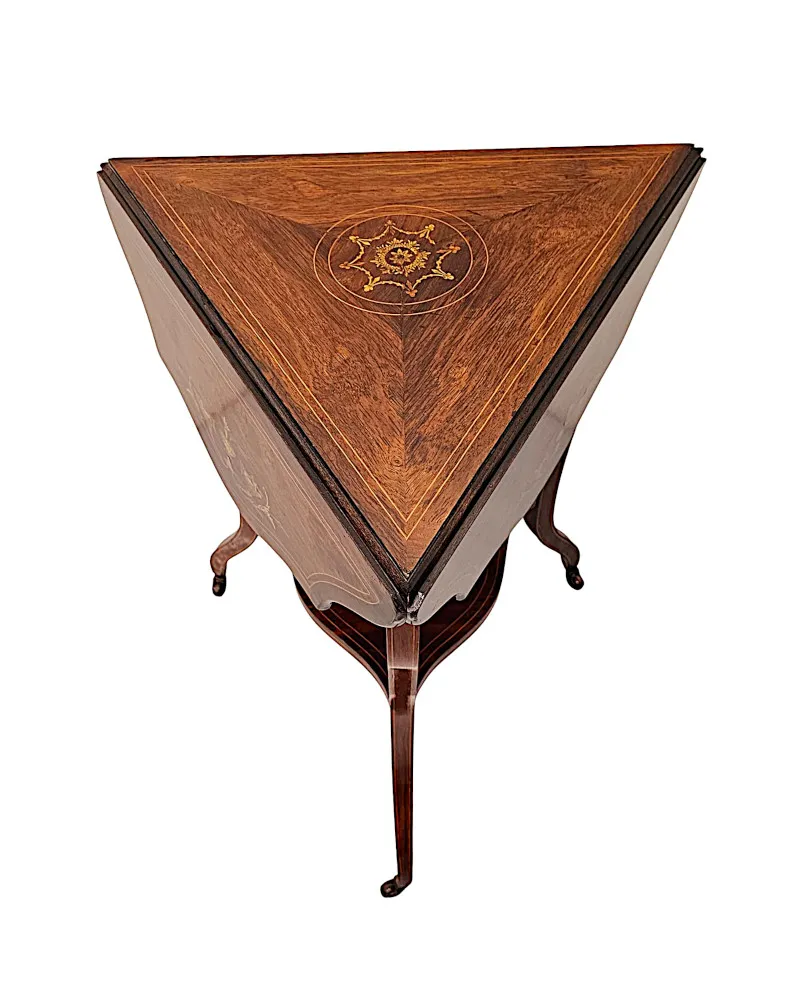 A Gorgeous Late 19th Century Inlaid Drop Leaf Triangular Occasional or Lamp Table