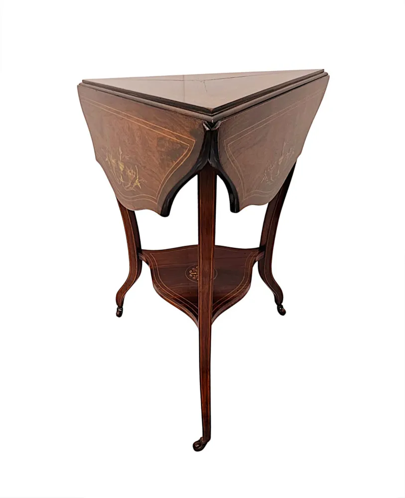 A Gorgeous Late 19th Century Inlaid Drop Leaf Triangular Occasional or Lamp Table