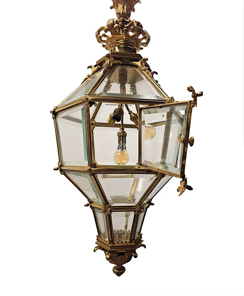  A Very Rare Early 20th Century Gilded Bronze Hall Lantern with Bevelled Glass