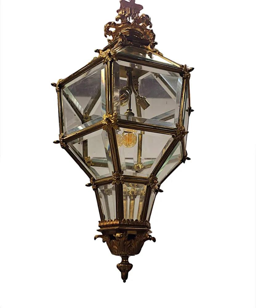  A Very Rare Early 20th Century Gilded Bronze Hall Lantern with Bevelled Glass