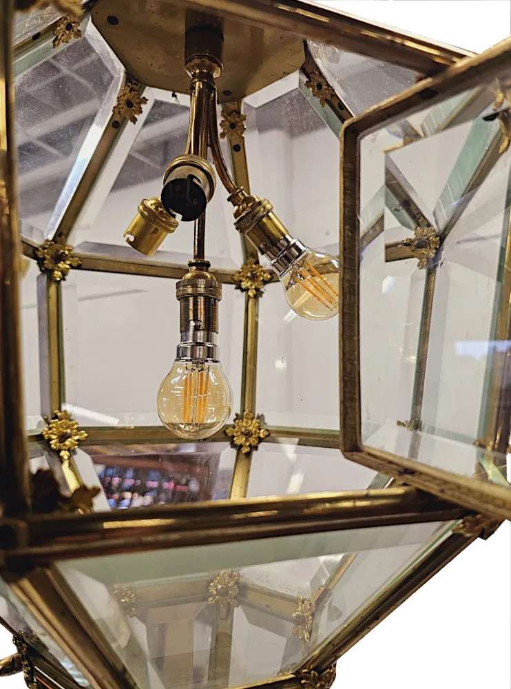 A Very Rare Early 20th Century Gilded Bronze Hall Lantern with Bevelled Glass