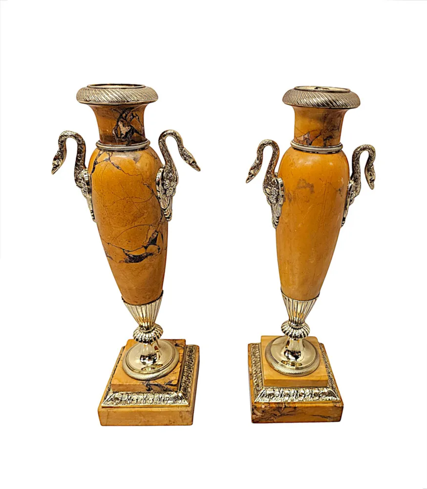 A Very Rare Pair of 19th Century Sienna Marble Urns With Polished Brass Mounts
