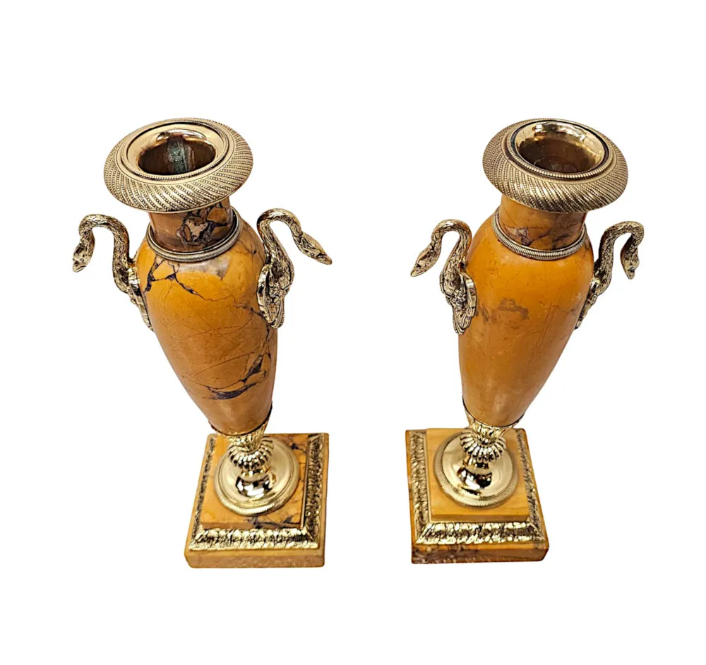A Very Rare Pair of 19th Century Sienna Marble Urns With Polished Brass Mounts