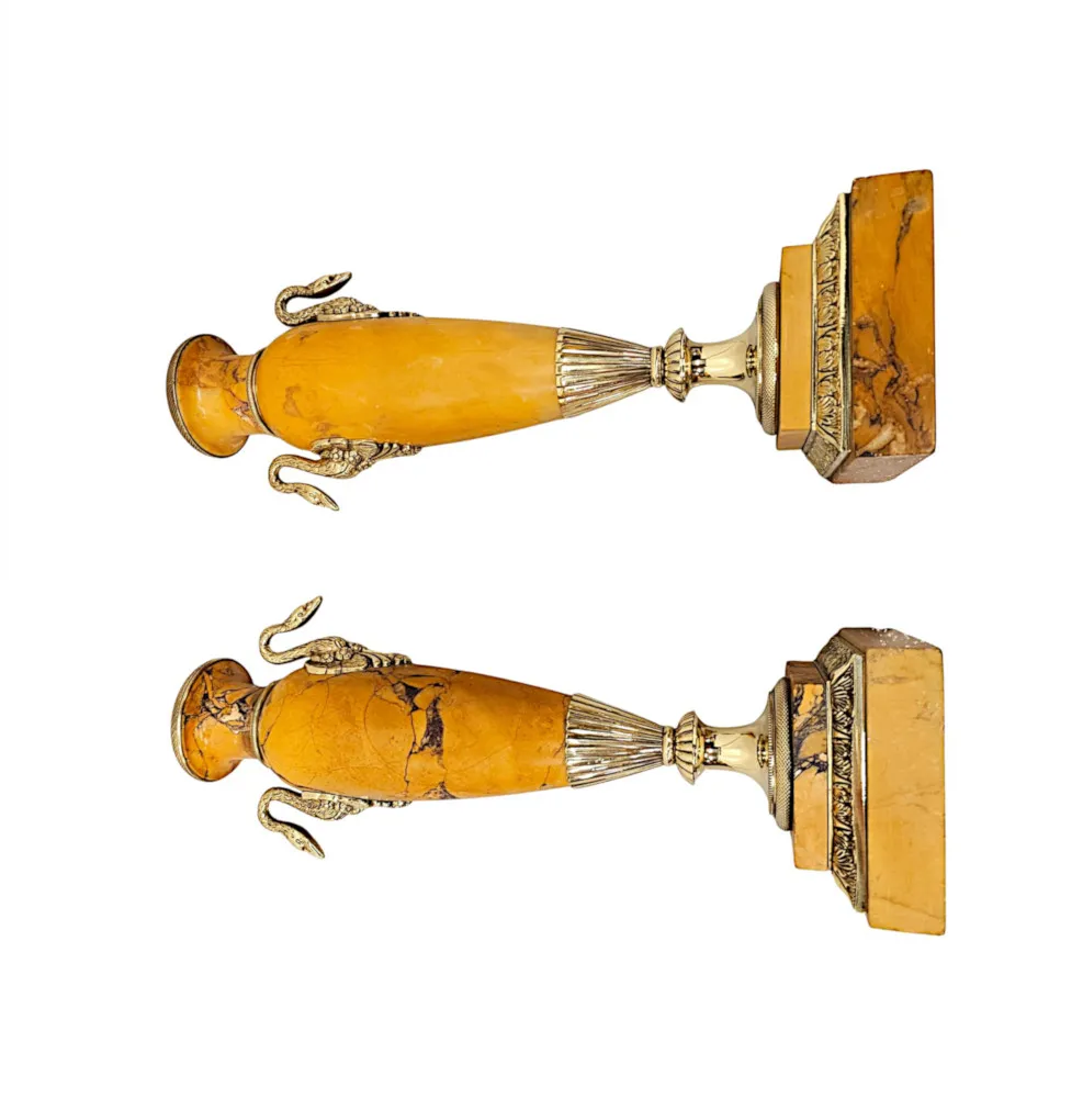 A Very Rare Pair of 19th Century Sienna Marble Urns With Polished Brass Mounts