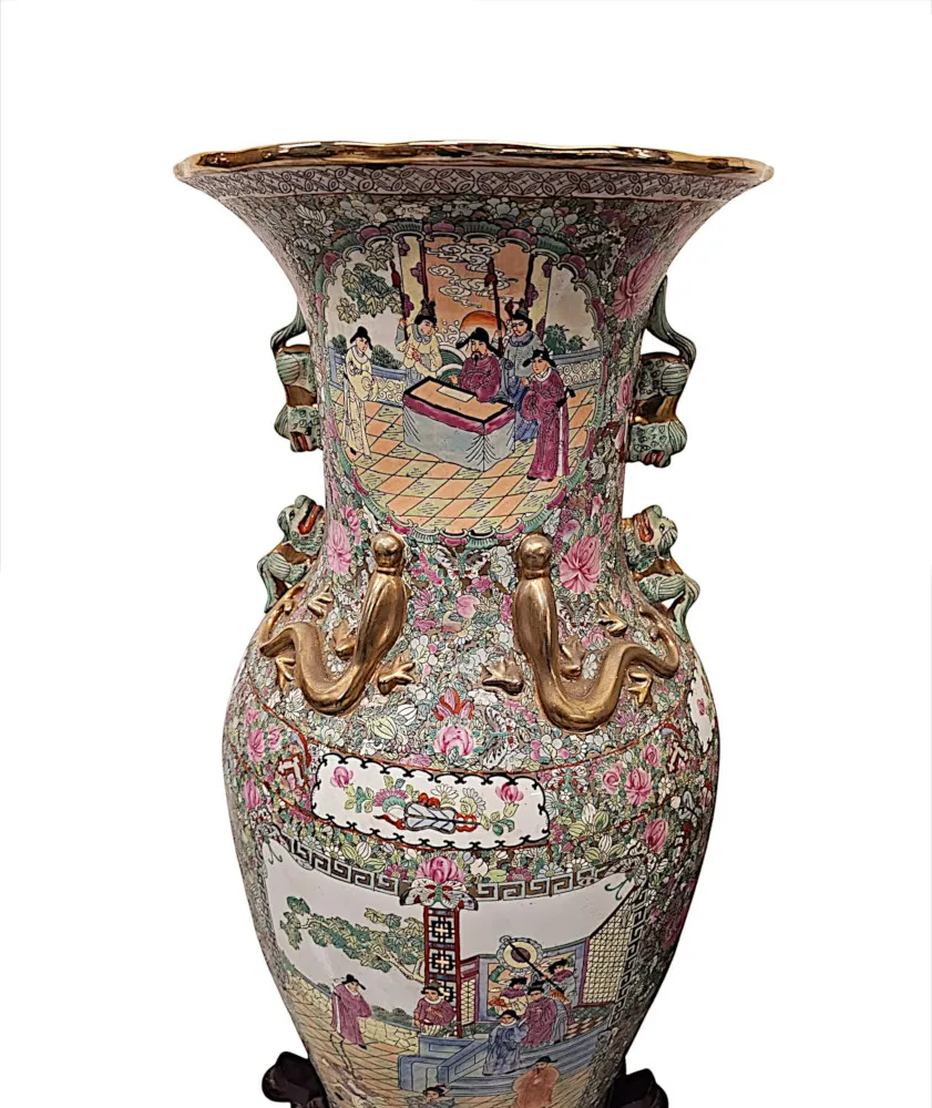 A Very Fine and Impressive Pair of Early 20th Century Oriental Hand Painted Urns on Timber Stands