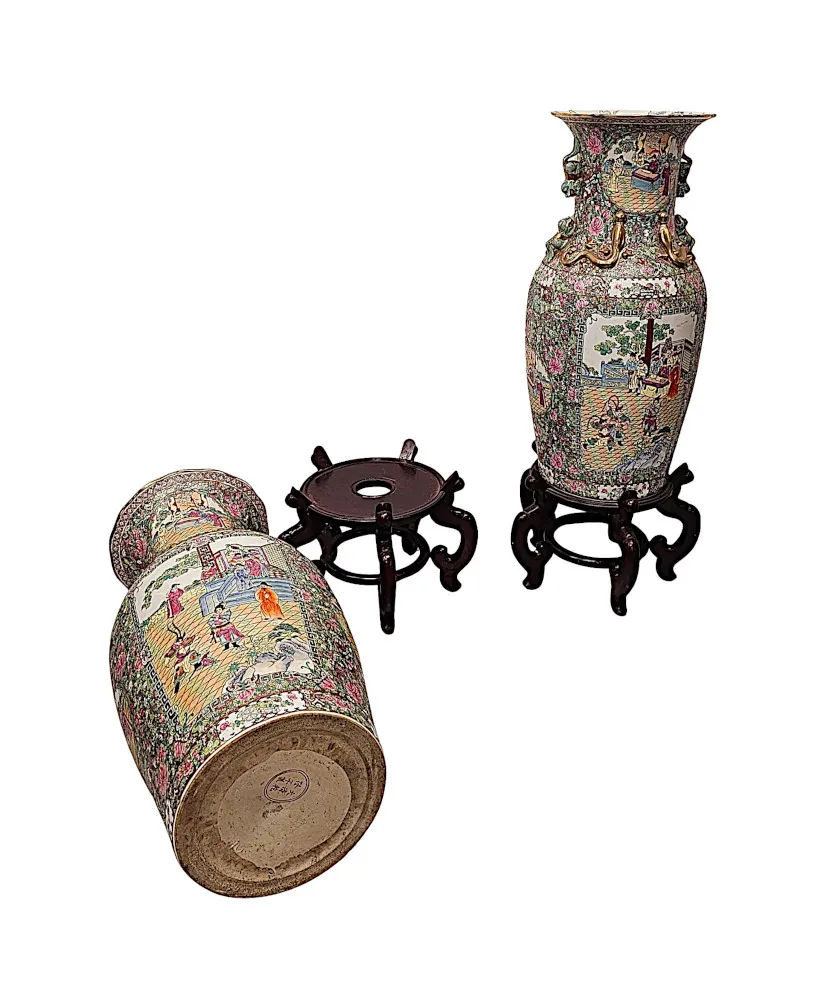 A Very Fine and Impressive Pair of Early 20th Century Oriental Hand Painted Urns on Timber Stands