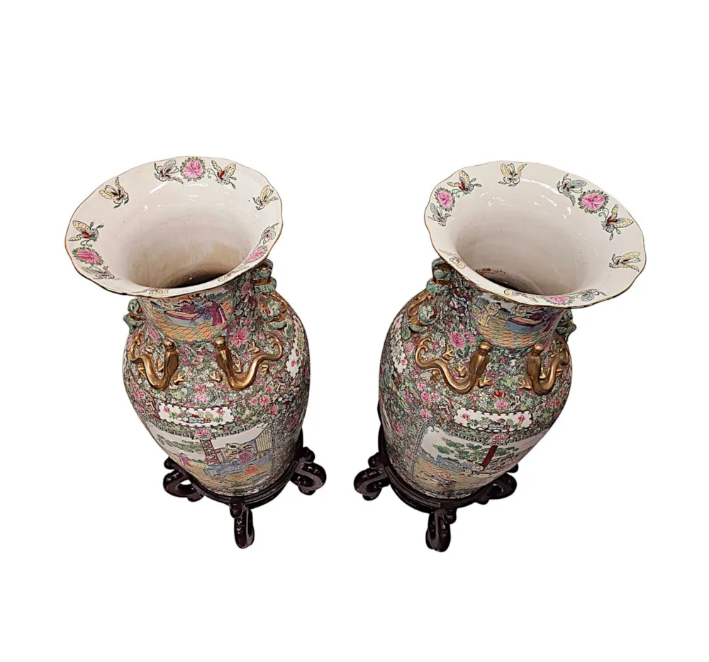 A Very Fine and Impressive Pair of Early 20th Century Oriental Hand Painted Urns on Timber Stands