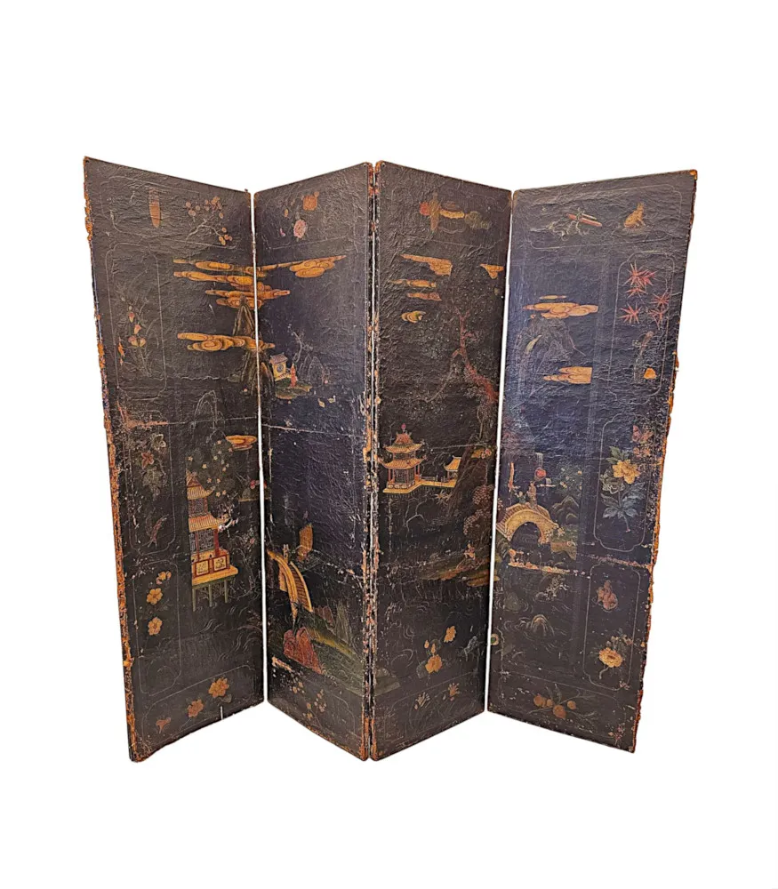 A Very Fine and Unusual 19th Century Country House Four Fold Oriental Screen With Hide Painted Panels