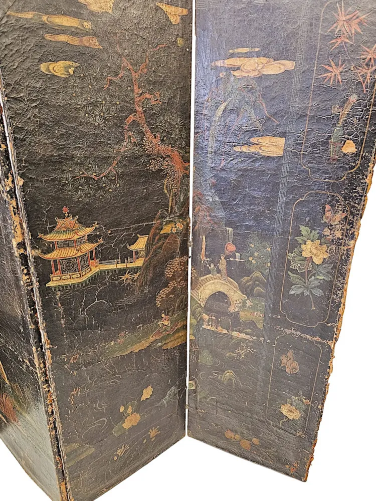 A Very Fine and Unusual 19th Century Country House Four Fold Oriental Screen With Hide Painted Panels