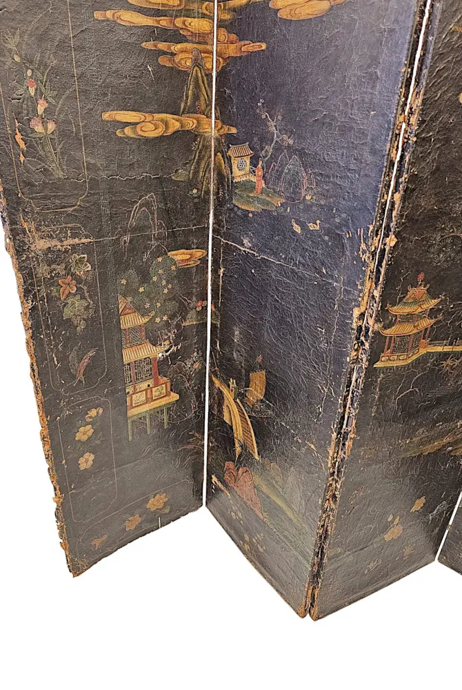 A Very Fine and Unusual 19th Century Country House Four Fold Oriental Screen With Hide Painted Panels