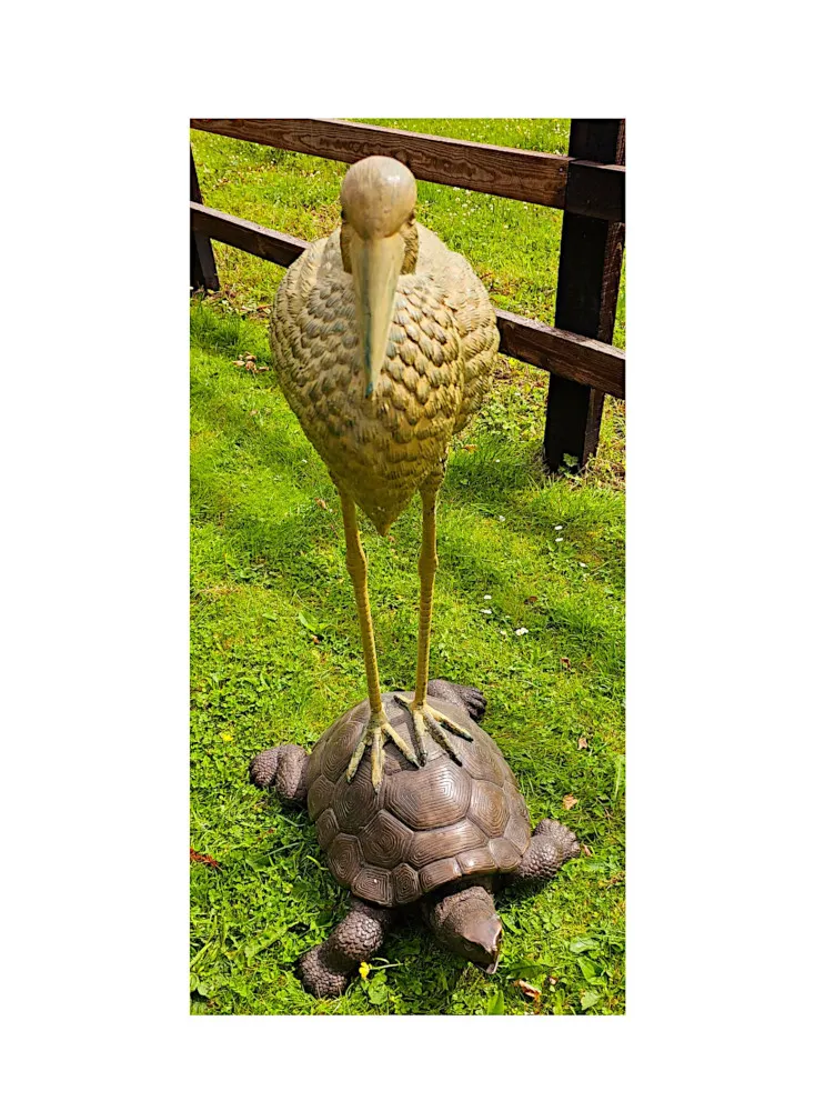 A Very Fine Bronze Animalier Garden Sculpture of a Tortoise and a Heron