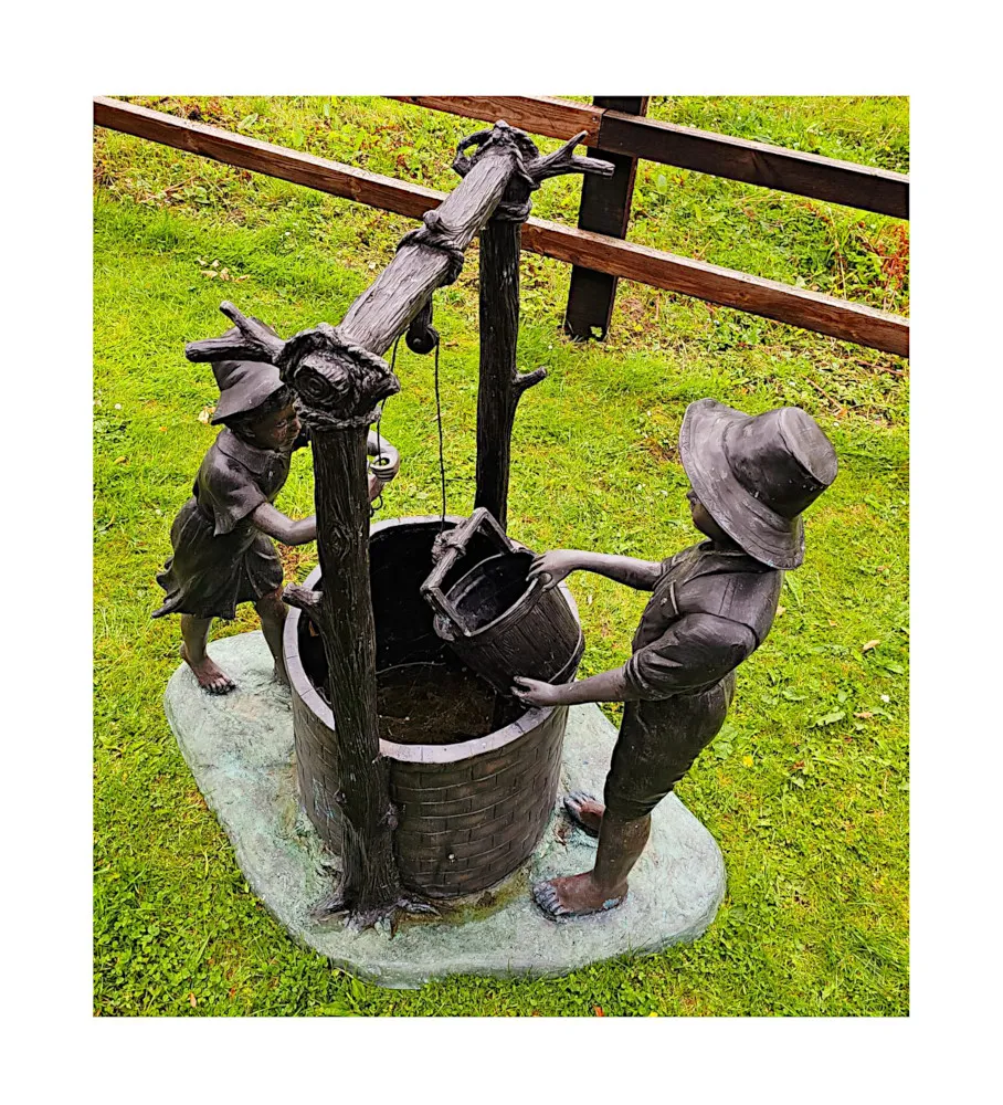 A Very Fine 20th Century Bronze Figuraral Garden Sculpture of Children at a Well