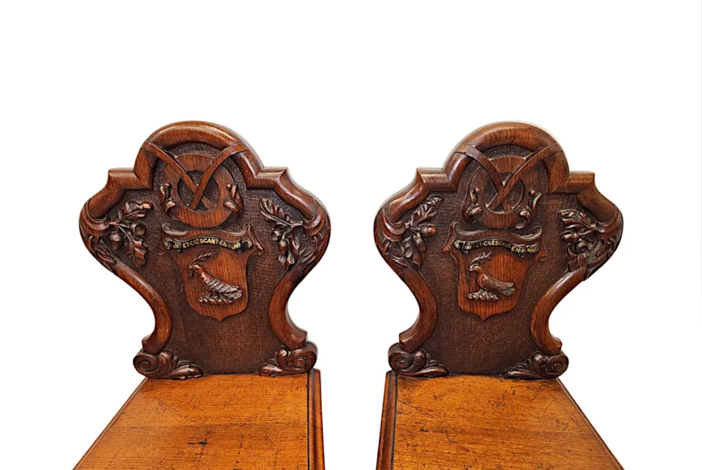 A Very Rare Pair of 19th Century Heavy Carved Oak English Country House Hall Chairs